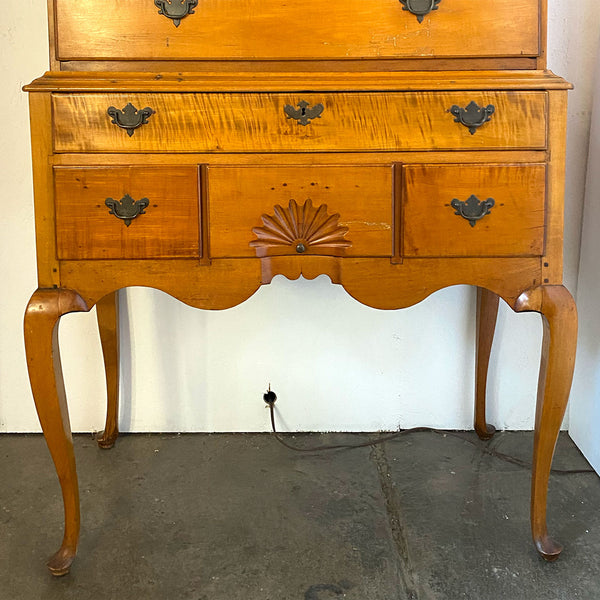 American New England Queen Anne Figured Maple Flat-Top Highboy