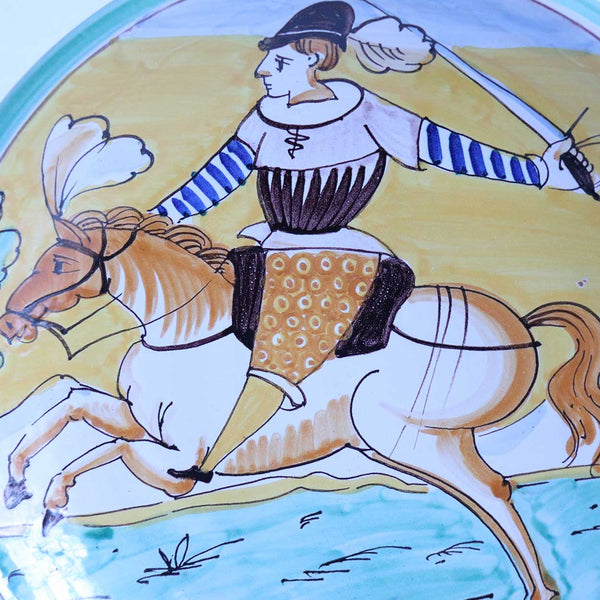 Vintage Italian Majolica Pottery Charger Plate, Soldier on Horseback