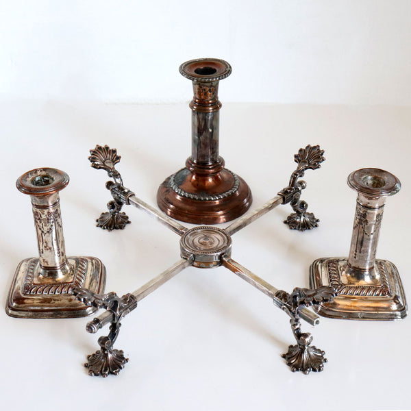 Four English Victorian Sheffield Plate Candlesticks and Dish Cross Trivet Stand