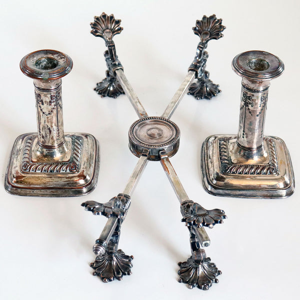 Four English Victorian Sheffield Plate Candlesticks and Dish Cross Trivet Stand