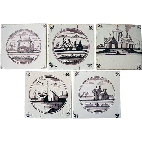 Collection of 5 Dutch Delft Pottery Manganese Glaze House Tiles