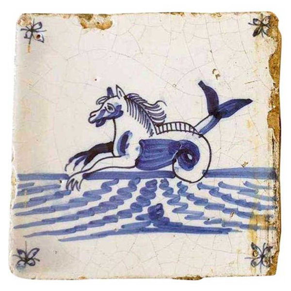 Dutch Delft Blue and White Maritime Seahorse Pottery Tile