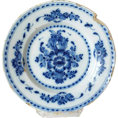 Dutch Delft Blue and White Pottery Floral Plate