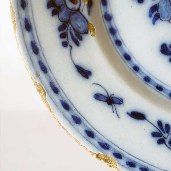 Dutch Delft Blue and White Pottery Floral Plate