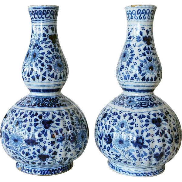 Pair Dutch Delft Blue and White Pottery 18th century Style Double Gourd Vases