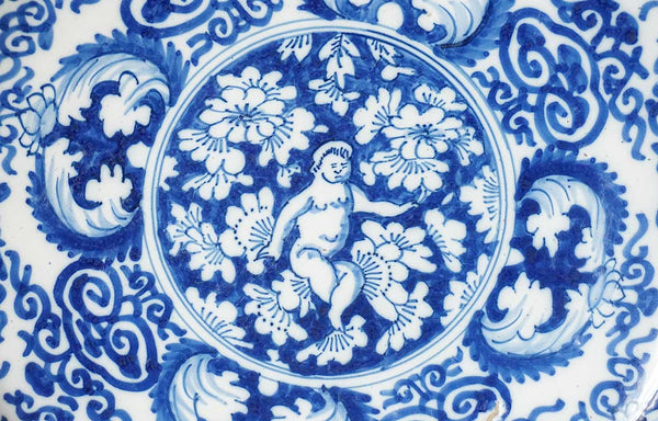 Dutch Delft Drie Posteleyne Astonne Pottery Blue and White Angel Charger Plate