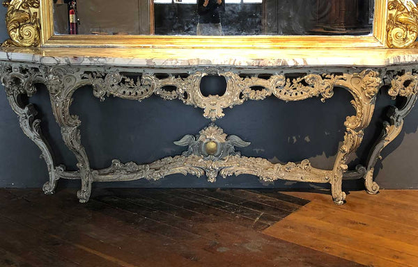 Very Large Italian Rococo Style Gilt, Marble and Painted Console and Mirror