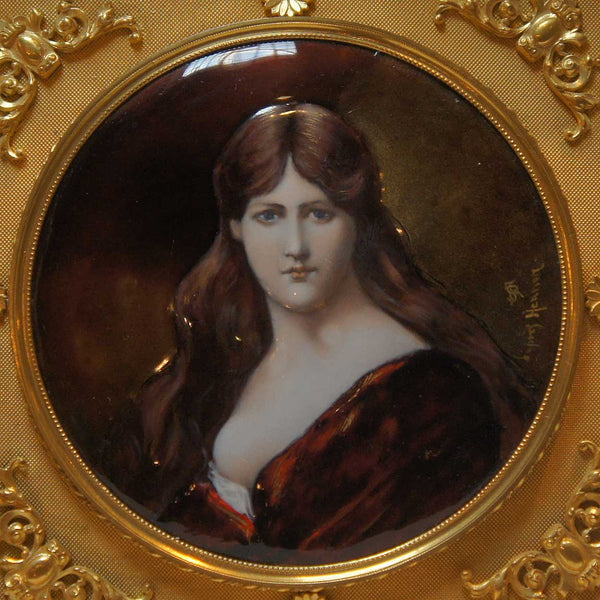 Signed French Limoges Enamel Portrait of a Lady after Henner
