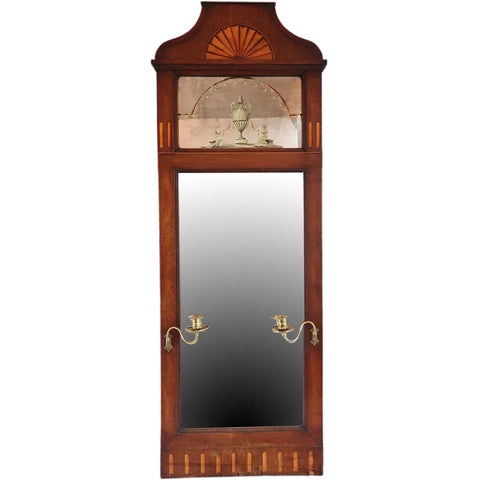 Danish Neoclassical Parquetry Mahogany Pier Mirror with Brass Sconces