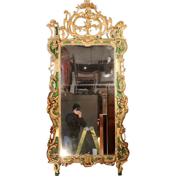 Important Large Italian Rococo Gilt and Painted Diamond Dust Mirror
