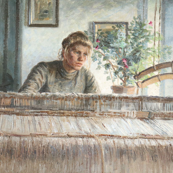 JOHANNES WILHJELM Oil on Canvas Painting, Anna at the Loom