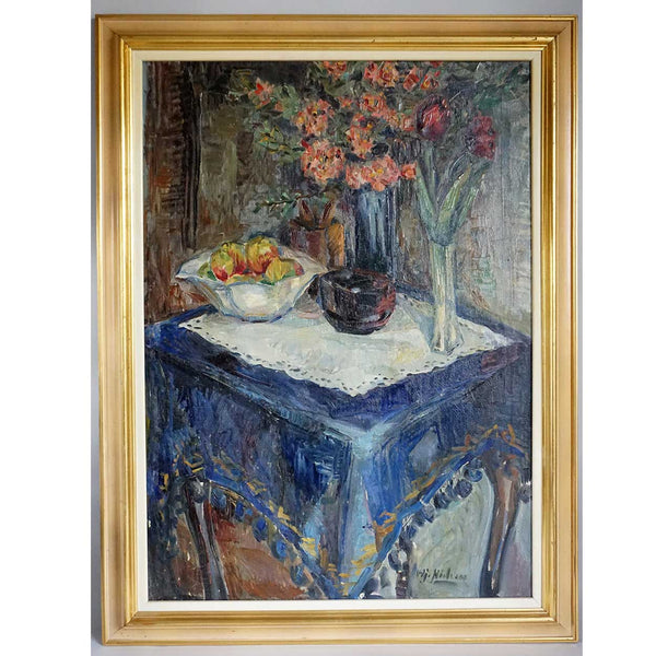 SOREN HJORTH-NIELSEN Oil on Canvas Painting, Still Life, The Blue Tablecloth