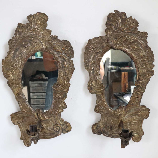 Pair of Italian Rococo Revival Brass Repousse Mirrored One-Light Candle Sconces