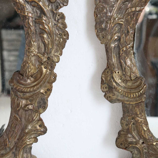 Pair of Italian Rococo Revival Brass Repousse Mirrored One-Light Candle Sconces