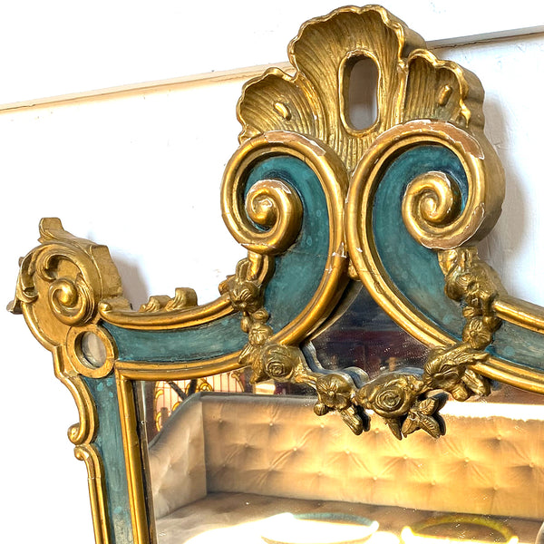 Large Italian Rococo Revival Pine Gilt and Green Painted Wall Mirror