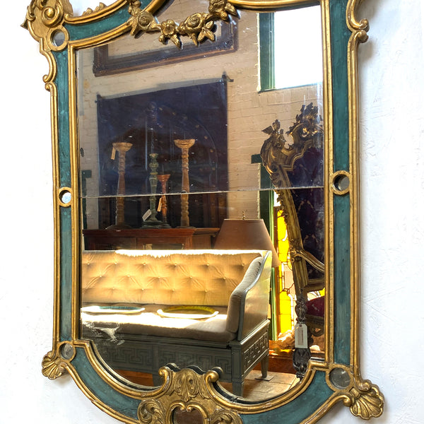 Large Italian Rococo Revival Pine Gilt and Green Painted Wall Mirror