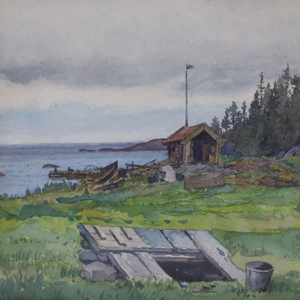 GUNNAR WIDFORSS Watercolor on Paper Painting, Shoreside Sheds