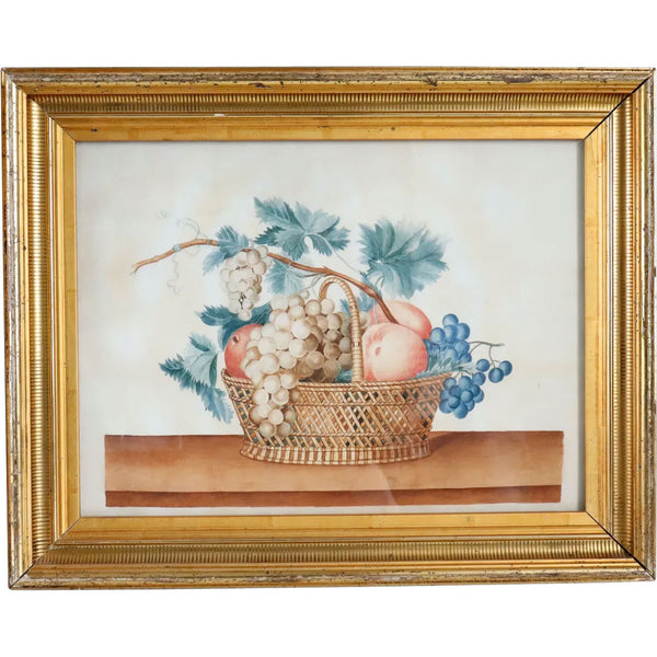 American New England Watercolor Painting on Paper Theorem, Fruit Basket