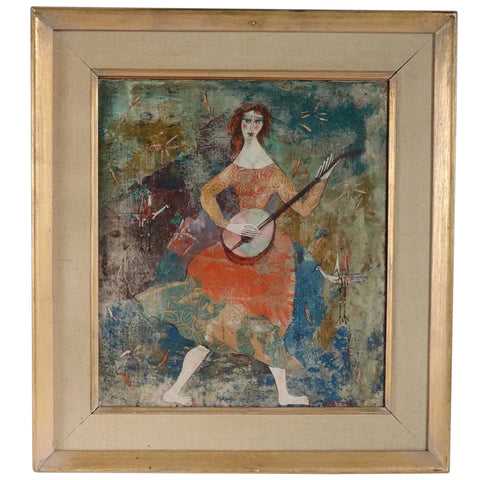 Vintage LUCIANO SPAZZALI Modernist Mixed Media Painting, Suonatrice