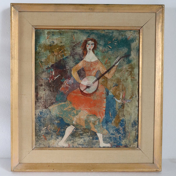 Vintage LUCIANO SPAZZALI Modernist Mixed Media Painting, Suonatrice
