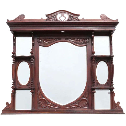 English Victorian Rosewood Overmantel Beveled Mirror Fireplace Shelf