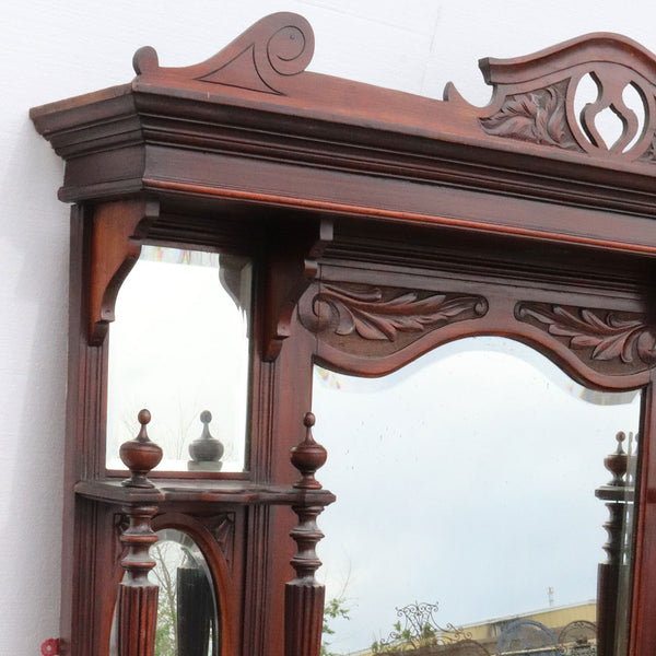 English Victorian Rosewood Overmantel Beveled Mirror Fireplace Shelf