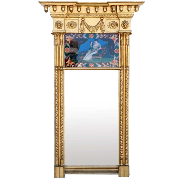 American New England Lyman Federal Classical Gilt and Painted Glass Wall Mirror