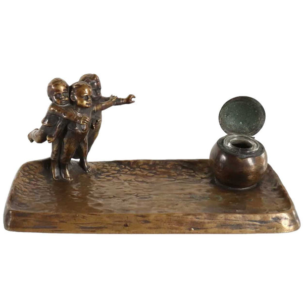 Viennese PETER TERESZCZUK Patinated Bronze Figural Inkstand with Children Playing