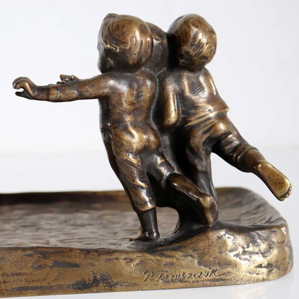 Viennese PETER TERESZCZUK Patinated Bronze Figural Inkstand with Children Playing