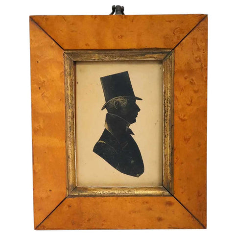 Pen and Paint on Paper Silhouette Portrait of a Gentleman with Birdseye Maple Frame