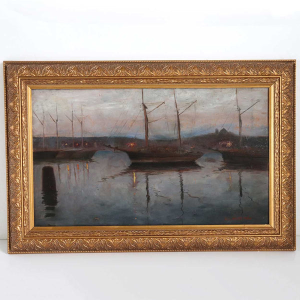 ALGOT RINGSTROM Oil on Artist Board Painting, Sailboats Moored at Sunset
