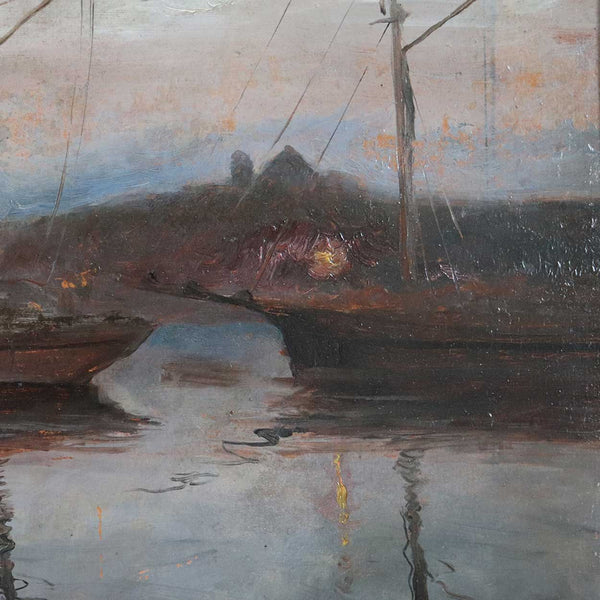 ALGOT RINGSTROM Oil on Artist Board Painting, Sailboats Moored at Sunset