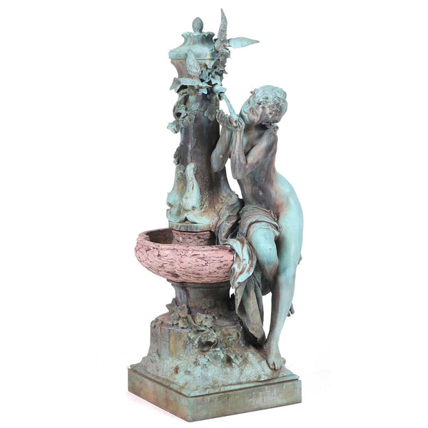 French Art Nouveau MATHURIN MOREAU Verdigris Bronze and Marble Nymph Fountain