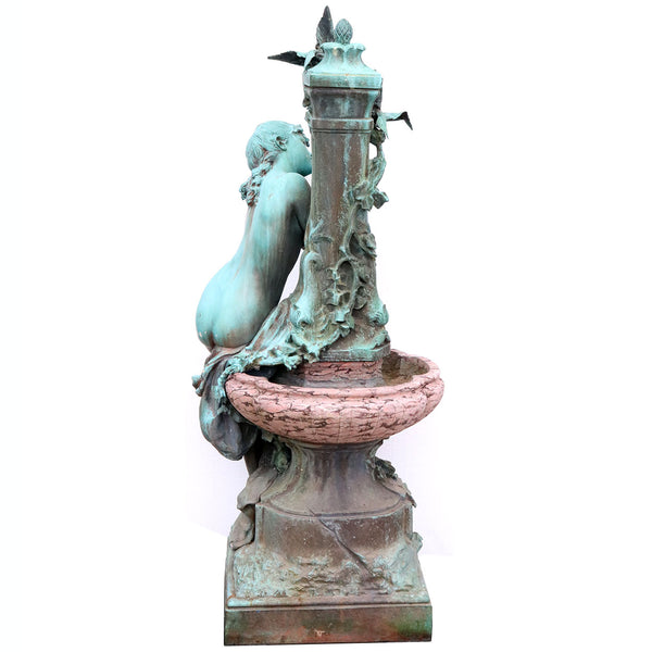 French Art Nouveau MATHURIN MOREAU Verdigris Bronze and Marble Nymph Fountain