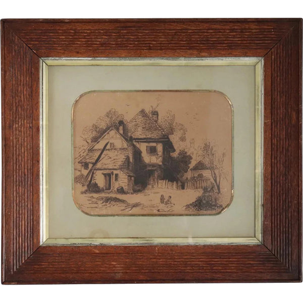 Small Signed English Victorian Sepia Engraving on Paper, Country Cottage