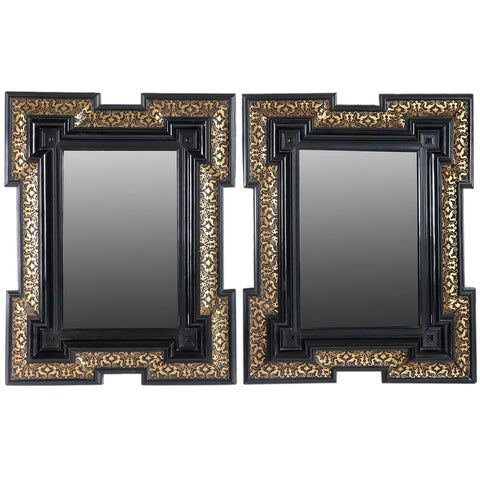 Pair of Dutch Baroque Style Gilt and Black Lacquered Beveled Wall Mirrors