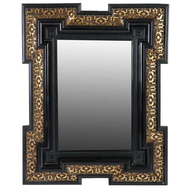 Pair of Dutch Baroque Style Gilt and Black Lacquered Beveled Wall Mirrors