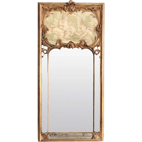 Grand French Gilt Gesso and Painted Boiserie Trumeau Wall Mirror