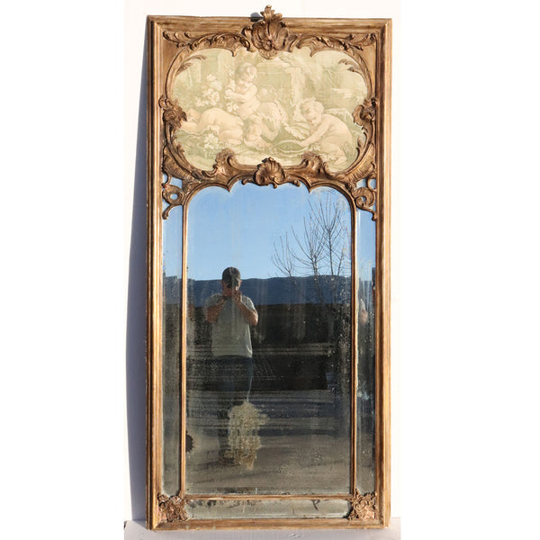 Grand French Gilt Gesso and Painted Boiserie Trumeau Wall Mirror