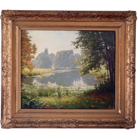 HENRI BIVA Oil on Canvas Painting, Summer Lake Landscape