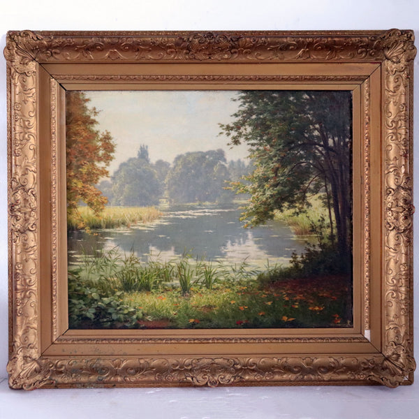 HENRI BIVA Oil on Canvas Painting, Summer Lake Landscape