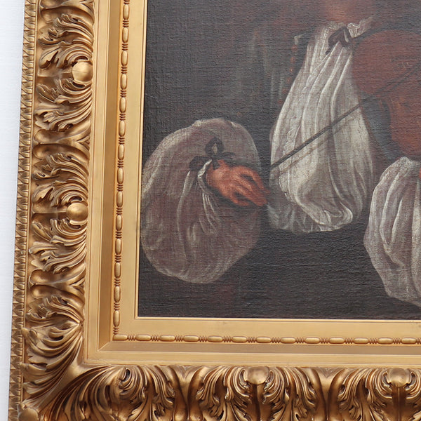 German School Oil on Canvas Painting, Allegory of Hearing, after Johann Heinrich Schönfeld