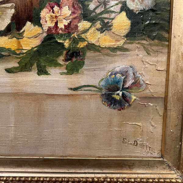 E.L. DARLING Oil on Canvas Painting, Canoe Model with Pansy Flowers
