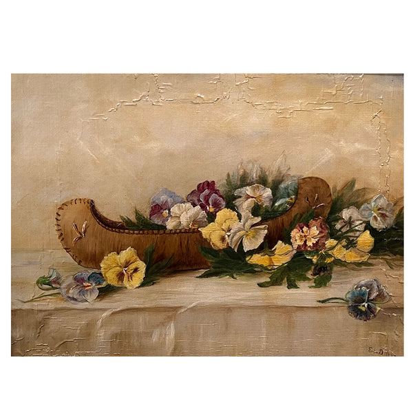 E.L. DARLING Oil on Canvas Painting, Canoe Model with Pansy Flowers