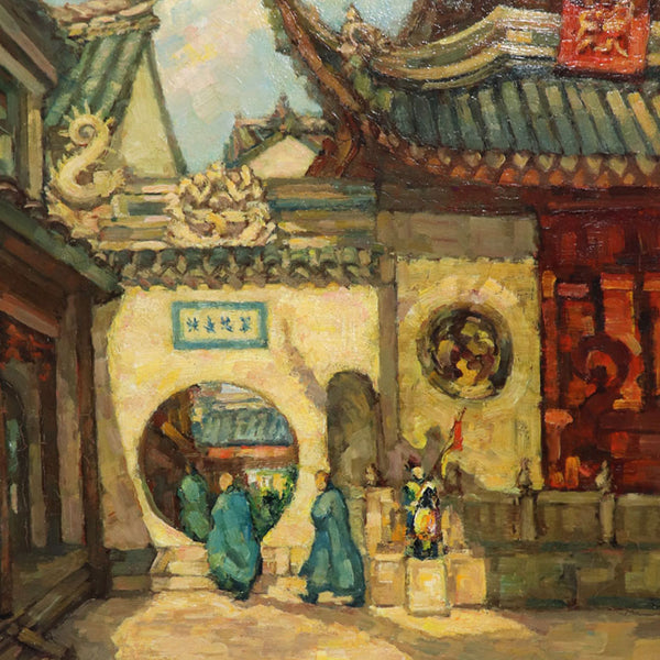 CHARLES HENRY GONDA Oil on Hardboard Painting, Temple at Hangchow, China