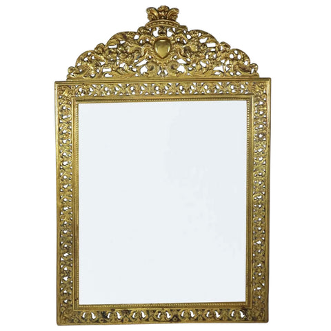 Small English Reticulated Cast Brass Armorial Beveled Wall Mirror