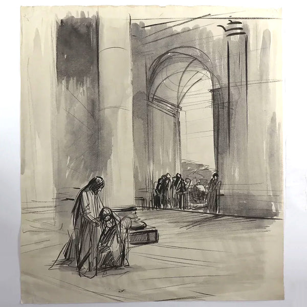 JEAN-LOUIS FORAIN Ink and Wash on Paper Drawing, At the Temple