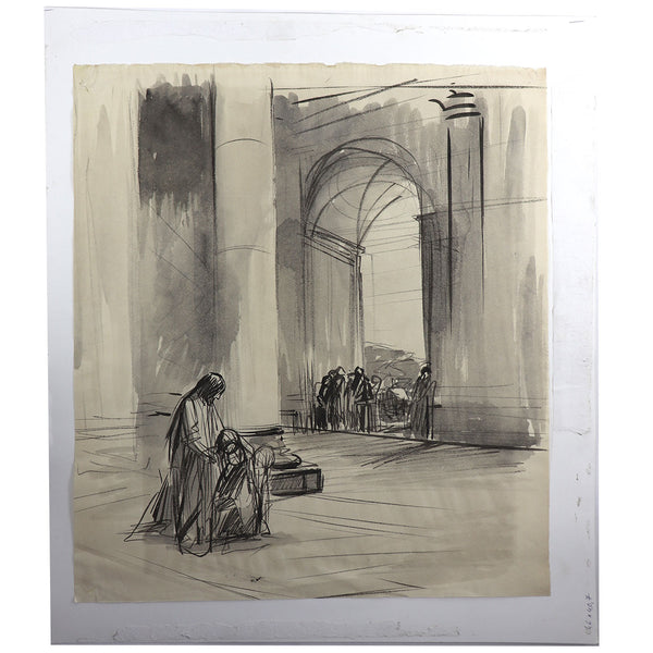 JEAN-LOUIS FORAIN Ink and Wash on Paper Drawing, At the Temple