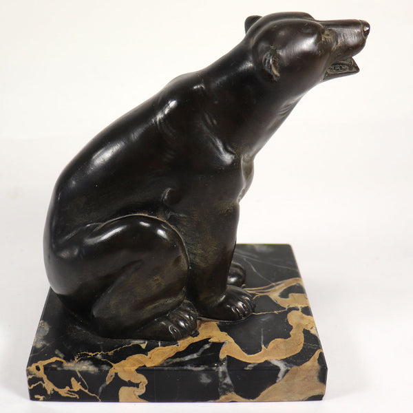 French Art Deco Patinated Bronze and Marble Polar Bear Statuette