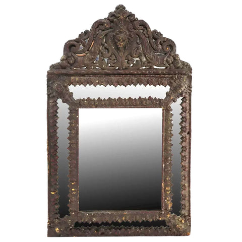 French Louis XIV Style Patinated Brass Beveled Pareclose Wall Mirror
